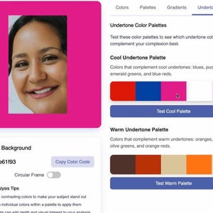 Può includere: Un'interfaccia di un sito web che mostra tavolozze di colori e il volto di una donna all'interno di una cornice rosa. L'interfaccia include suggerimenti per l'analisi dei colori e opzioni per testare tavolozze di sottotoni freddi e caldi. Il colore di sfondo corrente è #e61f93.