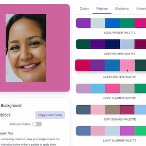 May include: A digital interface displaying color palettes and a portrait. The interface shows color palettes labeled "Cool Winter," "Deep Winter," "Clear Winter," "Cool Summer," "Soft Summer," and "Light Summer." The background color is a shade of pink.