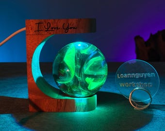 Aurora Resin Globe Lamp: Handmade Northern Lights Night Light with Wood Base