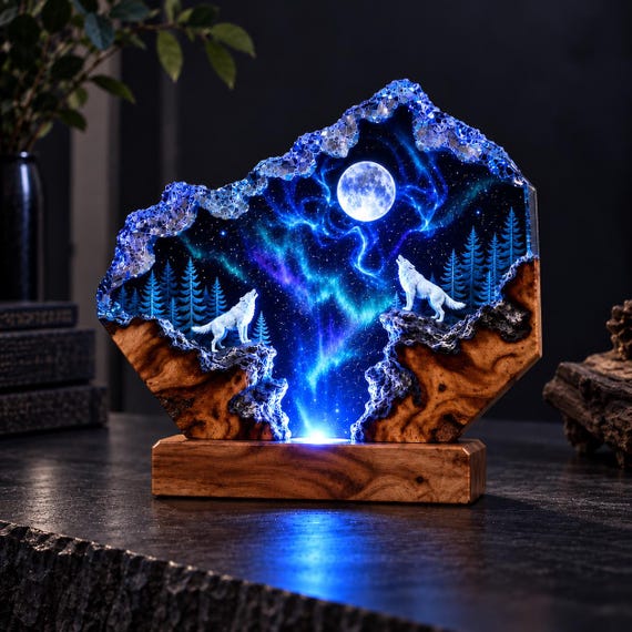 Wolf Resin Lamp, Howling Wolves & Moon Night Light, Aurora Forest Epoxy Art, Woodland Wildlife Decor, Handmade Nature Gi