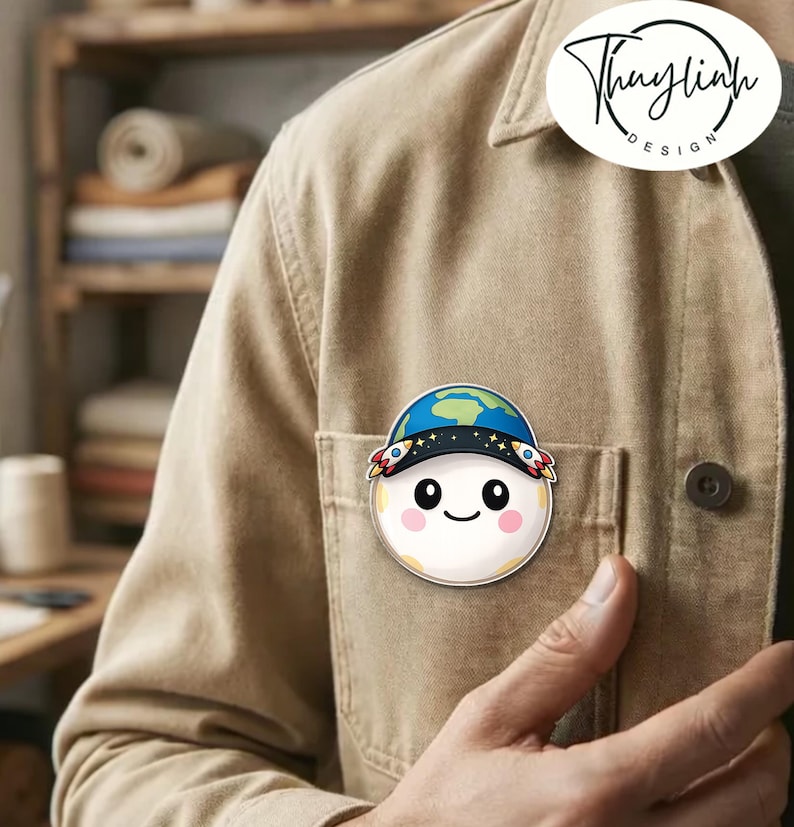 May include: A round, smiling cartoon character pin with a blue and green Earth-themed hat and rocket ship accents. The pin is attached to a tan jacket. The pin has the text "Thaylinh Design" in a circle.