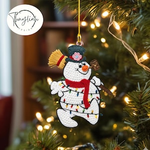 Funny Snowman Christmas Ornament, FAUX CROCHET YARN Frosty The Snowman Ornament, Acrylic Christmas Ornament, Christmas Ornament