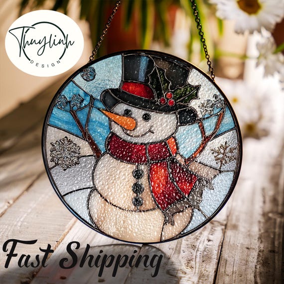 Handmade Stained Glass Snowman Suncatcher, Colorful Mosaic