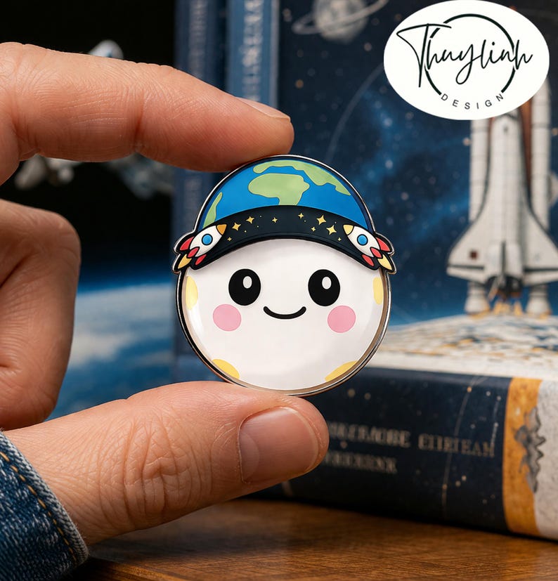 May include: A round enamel pin featuring a smiling moon character wearing a blue and green Earth hat with rocket ship accents. The pin has pink cheeks, black eyes, and a yellow border. The pin is held between fingers.