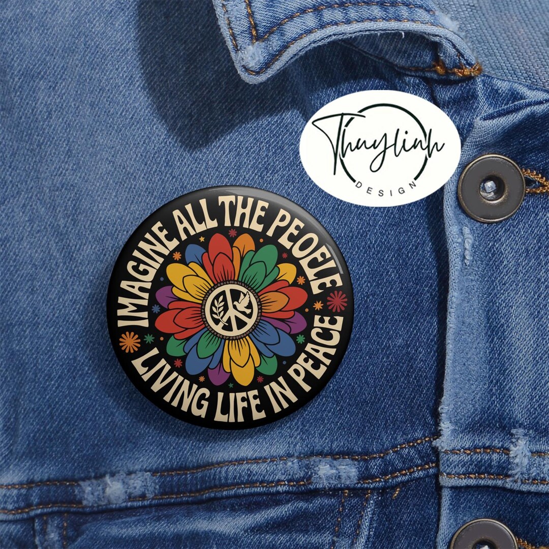 Imagine All the People Peace Flower Pin, Retro Boho Button, Human ...