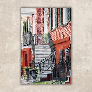 Brick Building Ornate Staircase, Original Hand-Painted Art Print, Southern Savannah Georgia Art Print, Colored Pencil Drawing Artwork