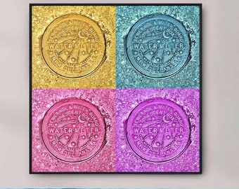 Lámina artística de contador de agua de Nueva Orleans, patrón de color, NOLA, decoración de Luisiana, Ciudad de la Media Luna, Barrio Francés, arte de contador de agua cuadrado