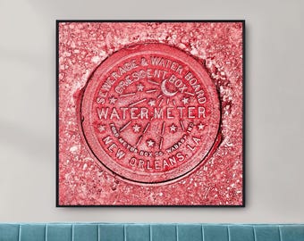 Lámina artística de un contador de agua de Nueva Orleans, Impresión cuadrada de un contador de agua rojo, Rosa, NOLA, Luisiana, Ciudad de la Media Luna, Sur Profundo, Barrio Francés
