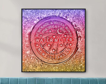 Impresión artística de un contador de agua de Nueva Orleans, NOLA, Luisiana, Ciudad de la Media Luna, Sur Profundo, Arte Arcoíris, Barrio Francés