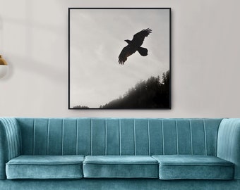 Impression de paysage de la côte de l'Oregon, photographie de corbeau, art des oiseaux, faune, nord-ouest du Pacifique, plage de Short Sands