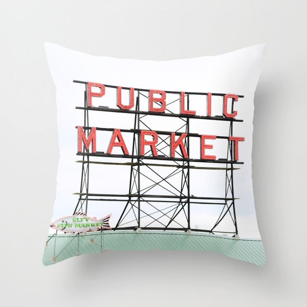 Public Market Pillow, Seattle Pillow, Washington Pillow, Northwest Decor, Fishing Decor, Coastal Interiors, 18 x 18, 20 x 20, 24 x 24, 26"