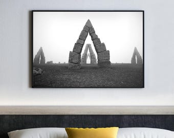 Iceland Arctic Henge Stone Circle Print, Misty Black White Landscape Photography, Nordic Art