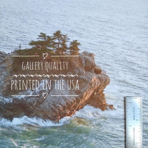 May include: A close-up of a rocky island with trees on top, surrounded by blue water. The text "GALLERY QUALITY PRINTED IN THE USA" is written on the image. A ruler is visible in the bottom right corner.