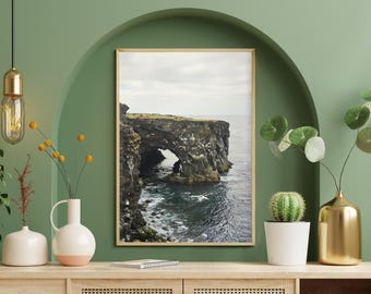 Iceland Skalasnagi Arch Rock Print, Volcanic Cliffs Landscape Photography, Nordic Art