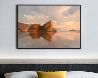 Arcadia Beach Fotografie, Goldene Stunde Sonnenuntergang, Horizontale Landschaftskunst, Küste von Oregon, Sea Stack Print, Pazifischer Nordwesten