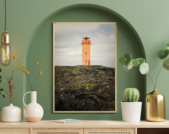 Iceland Svortuloft Landscape Print, Yellow Lighthouse Photography, Nordic Art