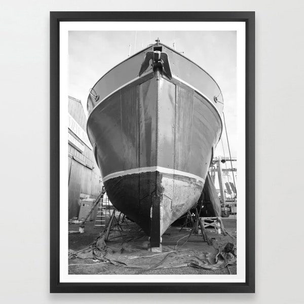 Wooden Boat Art Print, Commercial Fishing Boat, Bellingham Washington, Nautical Photography, Black White, Boat Hull, Seaview Shipyard