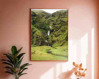 Iceland Waterfall Print, Landscape Photography, Mossy Cliffs Nordic Art