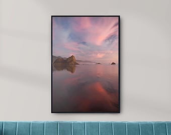Arcadia Beach Fotografie, rosa Sonnenuntergang Landschaft, vertikale Wolkenreflexionen, Küste von Oregon, Sea Stack Print, pazifischer Nordwesten