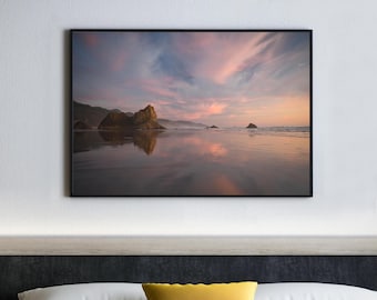 Arcadia Beach Fotografie, rosa Sonnenuntergang Landschaft, horizontale Wolkenreflexionen, Küste von Oregon, Sea Stack Print, pazifischer Nordwesten