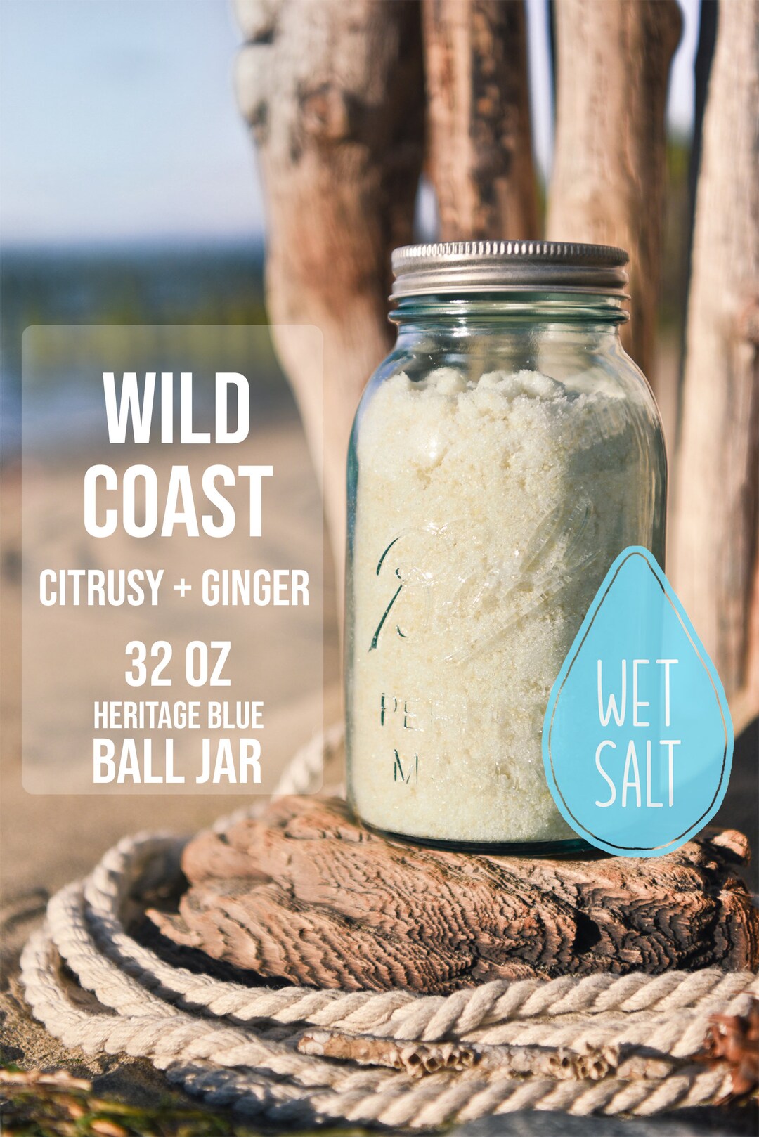 Wet Salt WILD COAST Bath Salts, 32 Oz Jar Salts, Spa Salts, Natural
