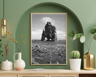 Iceland Hvitserkur Sea Stack Print, Black White Coastal Landscape Photography, Nordic Art