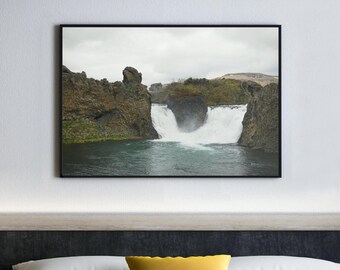 Iceland Hjalparfoss Waterfall Print, Volcanic Landscape Photography, Nordic Art