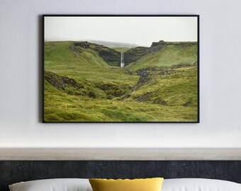 Iceland Waterfall Print, Mossy Cliffs Landscape Photography, Nordic Art