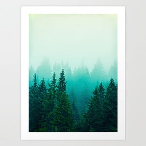 May include: A misty forest scene with tall evergreen trees in shades of green and blue. The fog creates a soft, ethereal atmosphere.