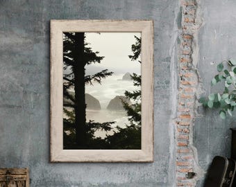 Oreton Küste Landschaftsdruck, Crescent Beach, Nebliger Strand, Cannon Beach, Pazifischer Ozean, Stranddekoration, Waldsilhouette, Surf-Fotografie