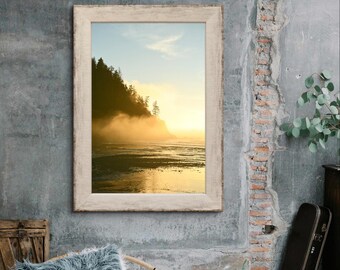 Landschaftsdruck an der Küste von Oregon, Short Sands Beach, nebliger goldener Nebel, Pazifischer Ozean, Surf Beach Decor, Westküsten-Fotografie, vertikale Kunst