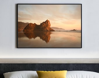 Arcadia Beach Fotografie, schwermütige goldene Stunde Sonnenuntergang, horizontale Landschaftskunst, Küste von Oregon, Seestapeldruck, pazifischer Nordwesten