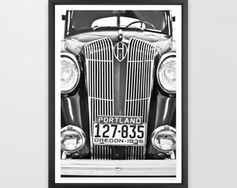 Vintage Classic Car Art Print, 1936 Hudson, Old Car, Automobile Print, Collectible Car, Americana, Black and White Car, Mechanic Gift