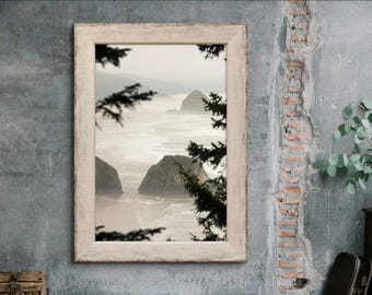 Oreton Küste Landschaftsdruck, Crescent Beach, Nebliger Strand, Cannon Beach Art, Pazifischer Ozean, Waldsilhouette, Chapman Point Photography