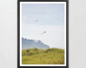 Kite Flying Beach Art Print, Long Beach Washington, Beach Decor, International Kite Festival, Nautical Photography, Forest, Ocean Landscape