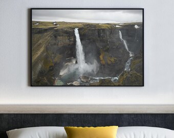 Iceland Haifoss and Granni Print, Waterfall Landscape Photography, Nordic Art