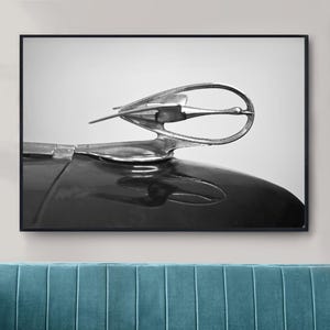 Può includere: Una fotografia in bianco e nero di un ornamento per il cofano di un'auto d'epoca. L'ornamento è un uccello stilizzato con le ali spiegate e un design circolare. L'ornamento è in metallo e ha una finitura lucida.