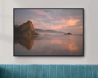 Arcadia Beach Fotografie, stimmungsvoller Sonnenuntergang, horizontale Landschaftskunst, Küste von Oregon, Lion Sea Stack Print, pazifischer Nordwesten