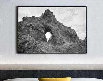 Iceland Djupalonssandur Arch Print, Black White Landscape Photography, Nordic Art