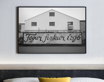 Iceland Fishing Mural Print, Black White Landscape Photography, Nordic Art
