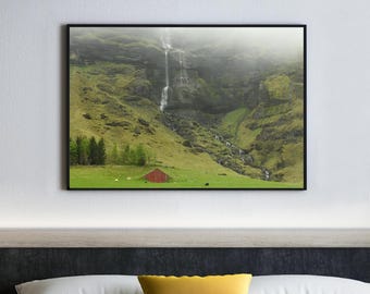 Iceland Farmland Waterfall Print, Red Barn Landscape Photography, Nordic Art