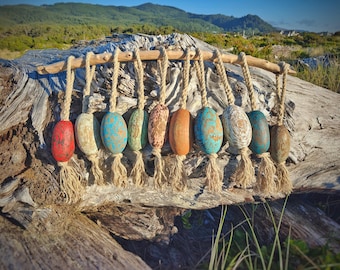 Vintage Cedar Nautical Buoy Hanger, Chippy Paint Wood Floats, Boat Fishing Decor, Hemp Rope Decor, Beach Hotel Decor