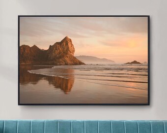 Arcadia Beach Fotografie, rosa Sonnenuntergang Landschaft, horizontale Wolkenreflexionen, Küste von Oregon, Sea Stack Print, pazifischer Nordwesten
