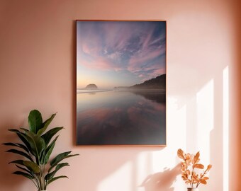 Cannon Beach Fotografie, rosa Sonnenuntergang Landschaft, vertikale Wolkenreflexion, Küste von Beton, Arcadia Beach, Pazifischer Nordwesten