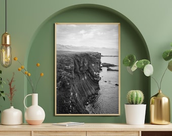 Iceland Arnarstapi Cliffs Print, Black White Landscape Photography, Nordic Art