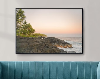 Impresión de playa al atardecer hawaiano: palmeras de Lauhalaland, arte de isla tropical
