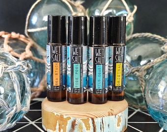 Wet Salt Roller Oil Bath Salts Gift Set, 6 ounces Oregon Soaking Salts, Peppermint, Ginger, Lavender, Cedar, Sage, All Natural Roll-on