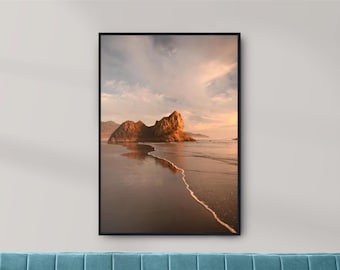 Arcadia Beach Fotografie, Goldene Stunde Sonnenuntergang, Vertikale Landschaftskunst, Küste von Beton, Sea Stack Print, Pazifischer Nordwesten