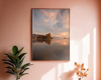 Arcadia Beach Fotografie, stimmungsvoller Sonnenuntergang, vertikale Landschaftskunst, Küste von Oregon, Lion Sea Stack Print, pazifischer Nordwesten