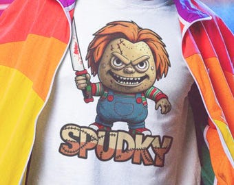 May include: A white t-shirt featuring a graphic of a cartoon character with orange hair, a scarred face, and a striped shirt under blue overalls, holding a blood-stained knife. Below the character, the word SPUDKY is printed in a stitched font.